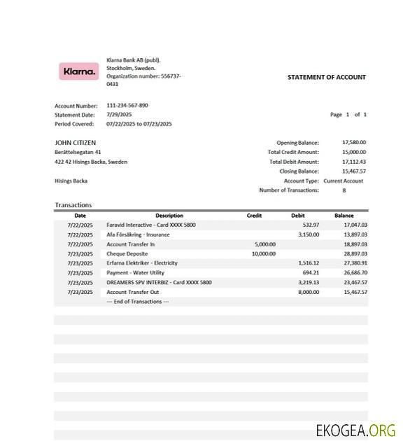 Suède Relevé de compte de la Klarna Bank Modèle Word et PDF